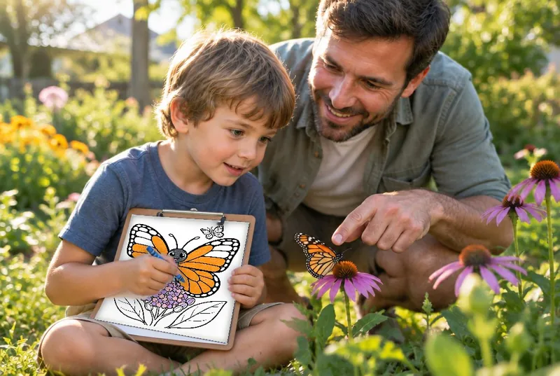A dad and son look at a butterfly coloring page in the garden