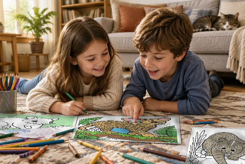 Two children coloring together on the living room floor