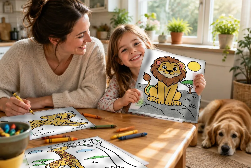 A girl proudly holds up her colored lion page at the kitchen table