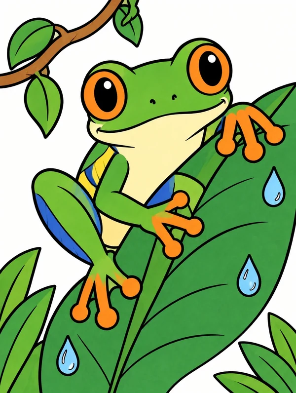 Colored drawing of a red-eyed tree frog