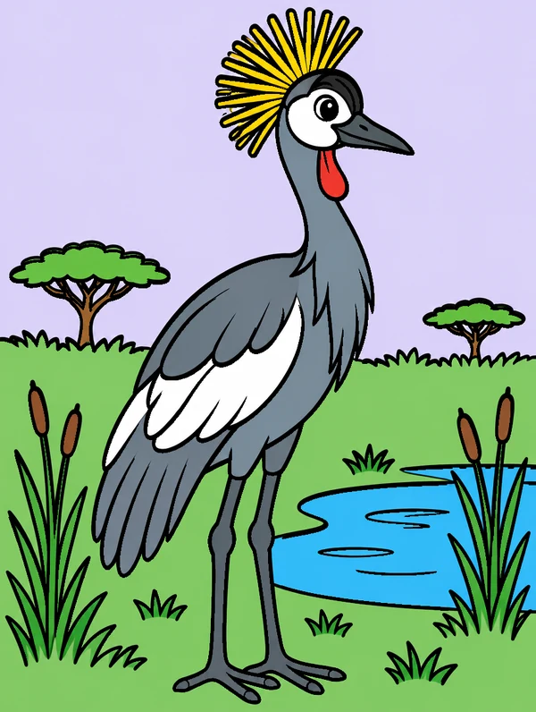Colored drawing of a grey crowned crane