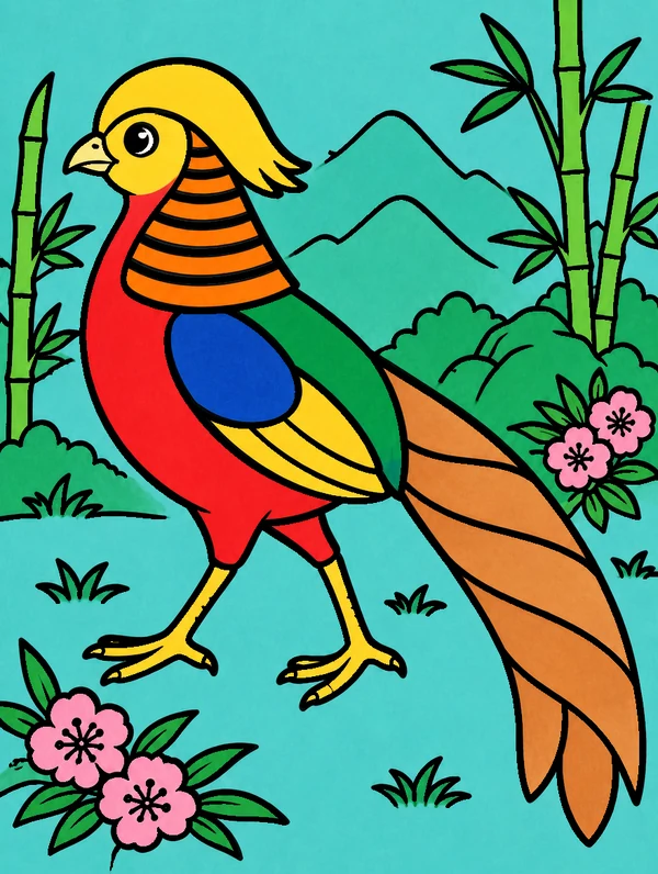 Colored drawing of a golden pheasant
