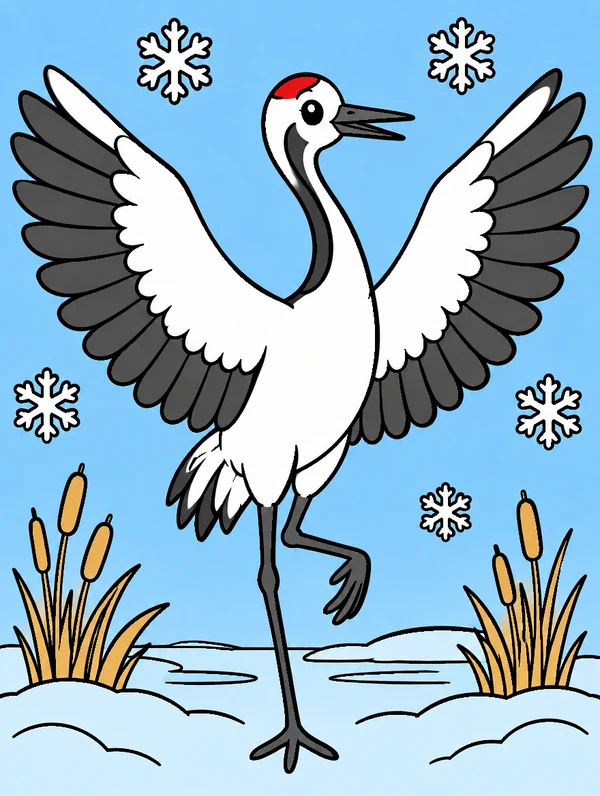Colored drawing of a red-crowned crane