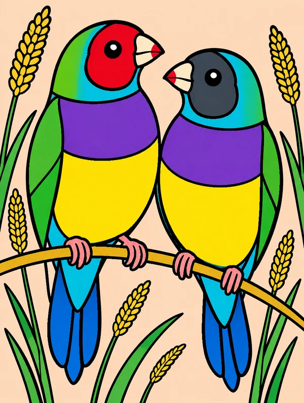 Colored drawing of two Gouldian finches