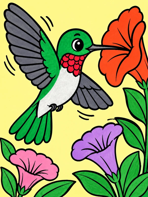 Colored drawing of a ruby-throated hummingbird