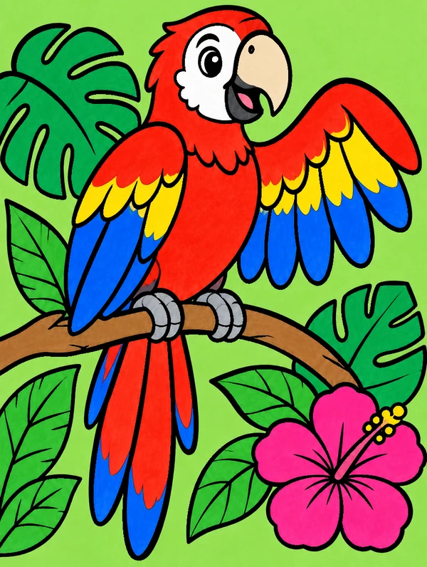 Colored drawing of a scarlet macaw