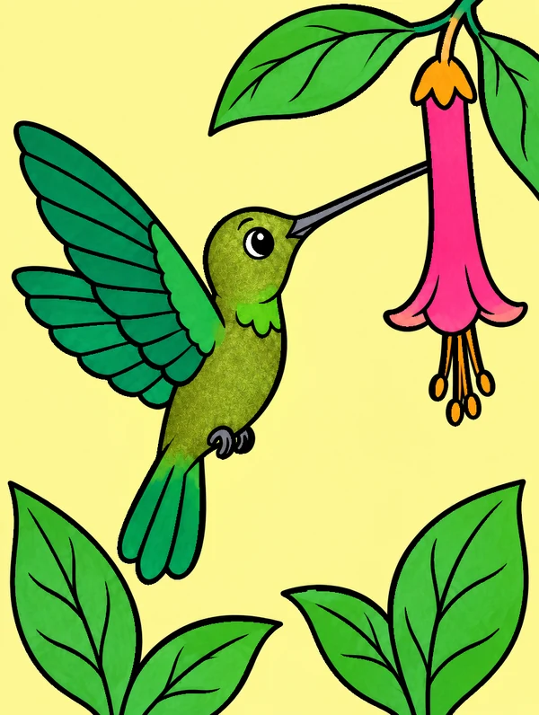Colored drawing of a sword-billed hummingbird