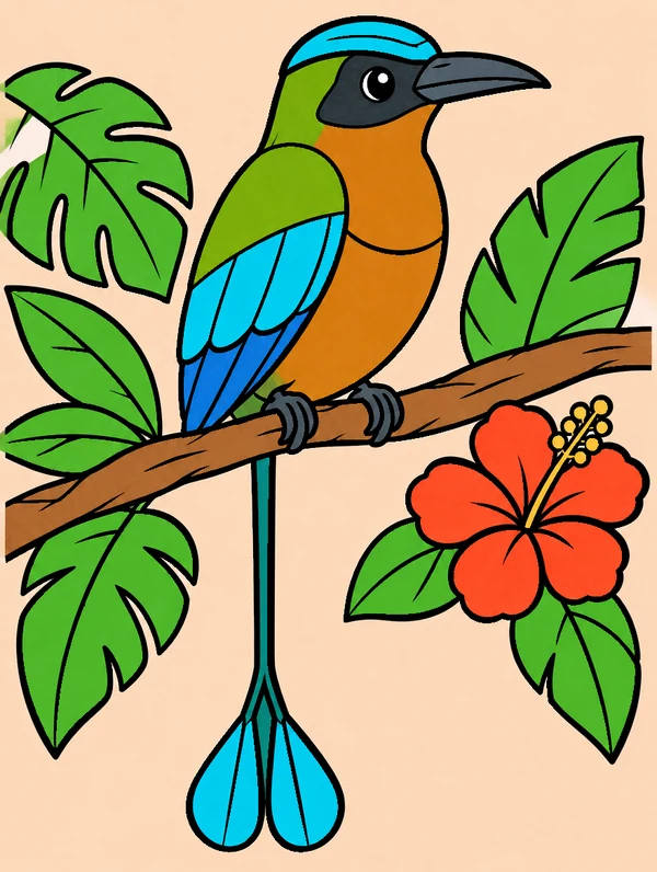 Colored drawing of a turquoise-browed motmot