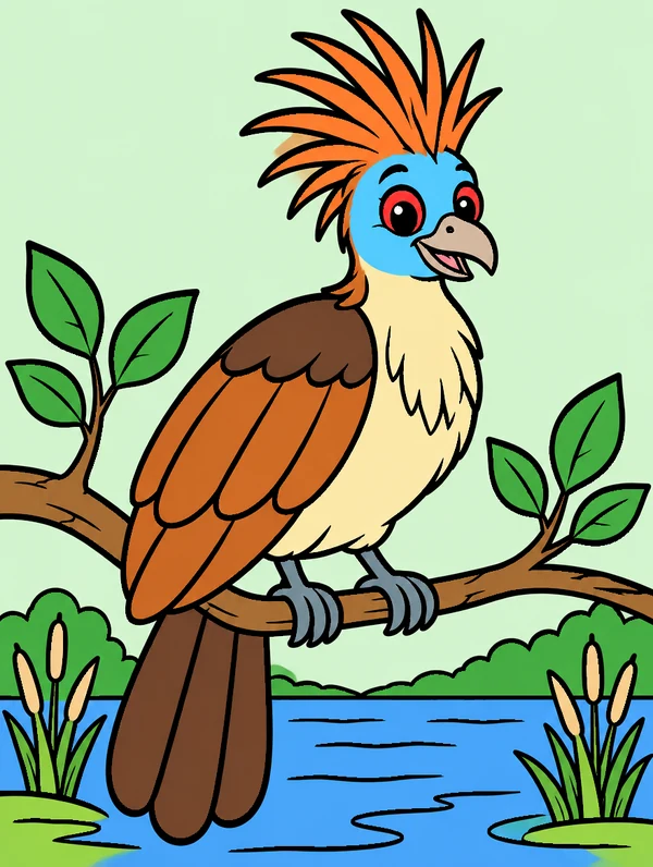 Colored drawing of a hoatzin