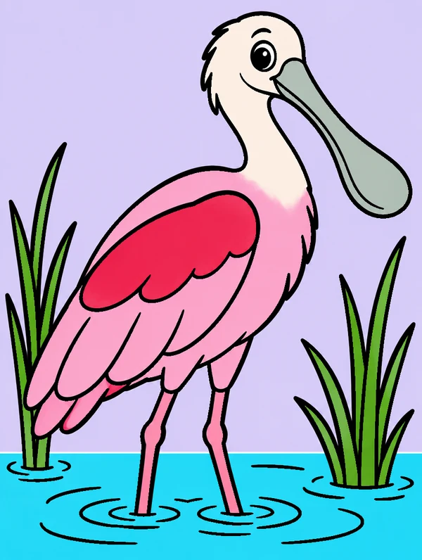 Colored drawing of a roseate spoonbill