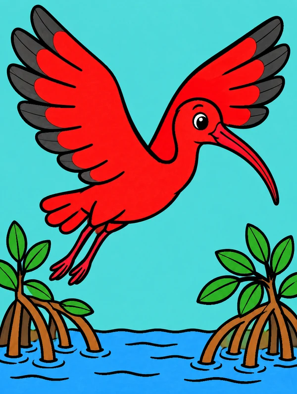Colored drawing of a scarlet ibis