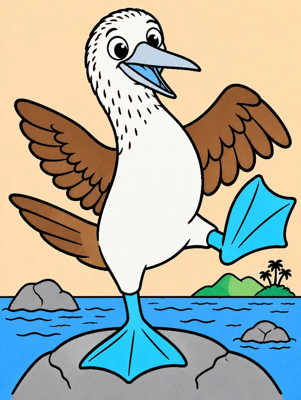 Colored drawing of a blue-footed booby