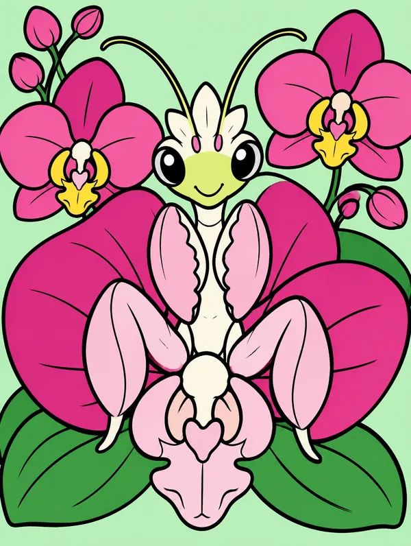 Colored drawing of an orchid mantis