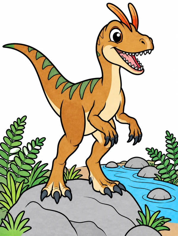 Colored drawing of a dilophosaurus