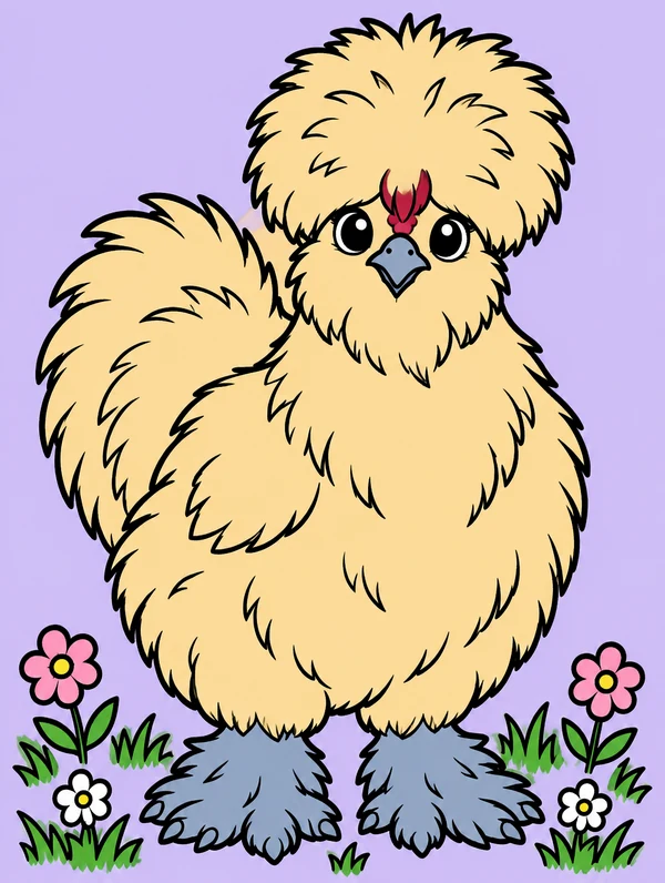 Colored drawing of a Silkie chicken