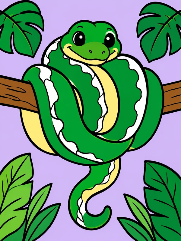 Colored drawing of an emerald tree boa