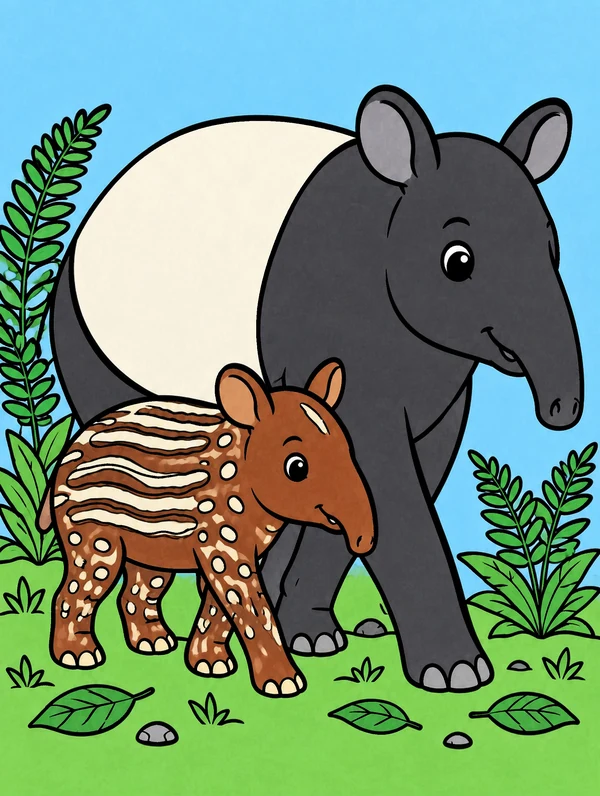 Colored drawing of a Malayan tapir