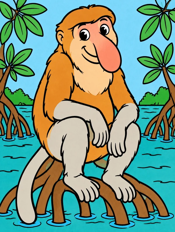 Colored drawing of a proboscis monkey
