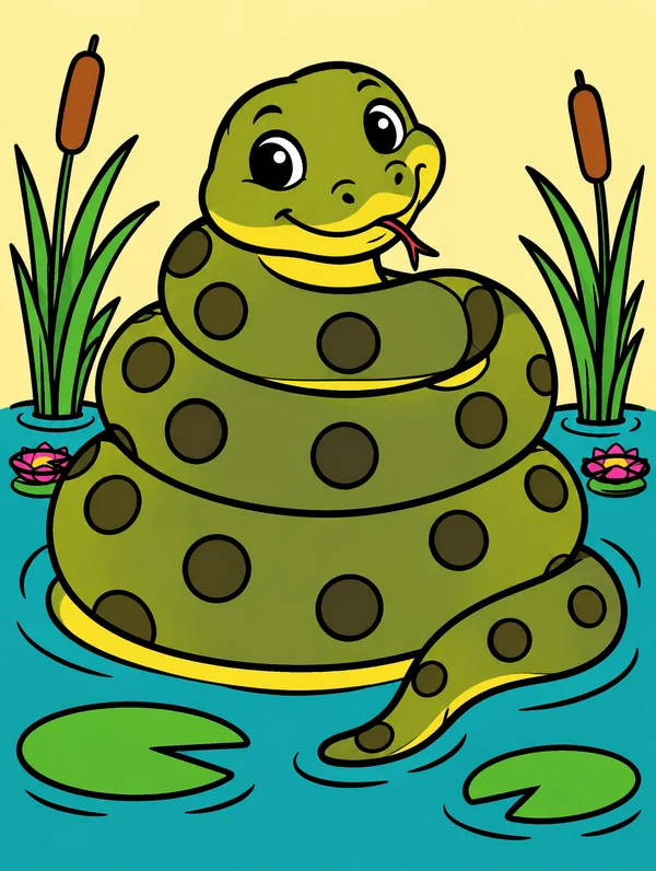 Colored drawing of a green anaconda